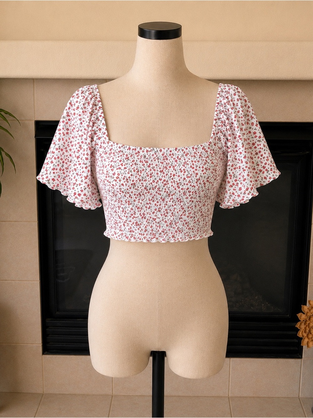 Japna White Crop Top with Pink Floral Print